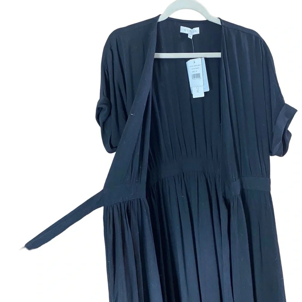 WILLOW Anthropologie Womens Wrap Dress Midi Black short Sleeve Size M Linen NEW - Picture 11 of 15